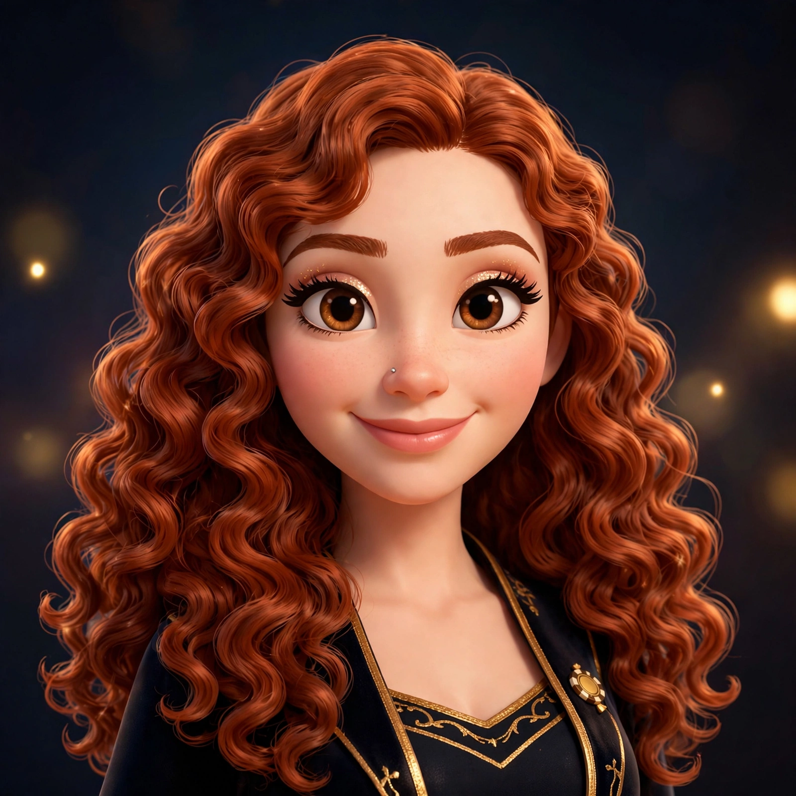 Promise, with long curly reddish-auburn hair, a nose stud and a black outfit with gold trim